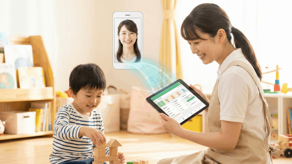 放課後等デイサービスでタブレットで記録を入れ、ご家族とつながっている写真