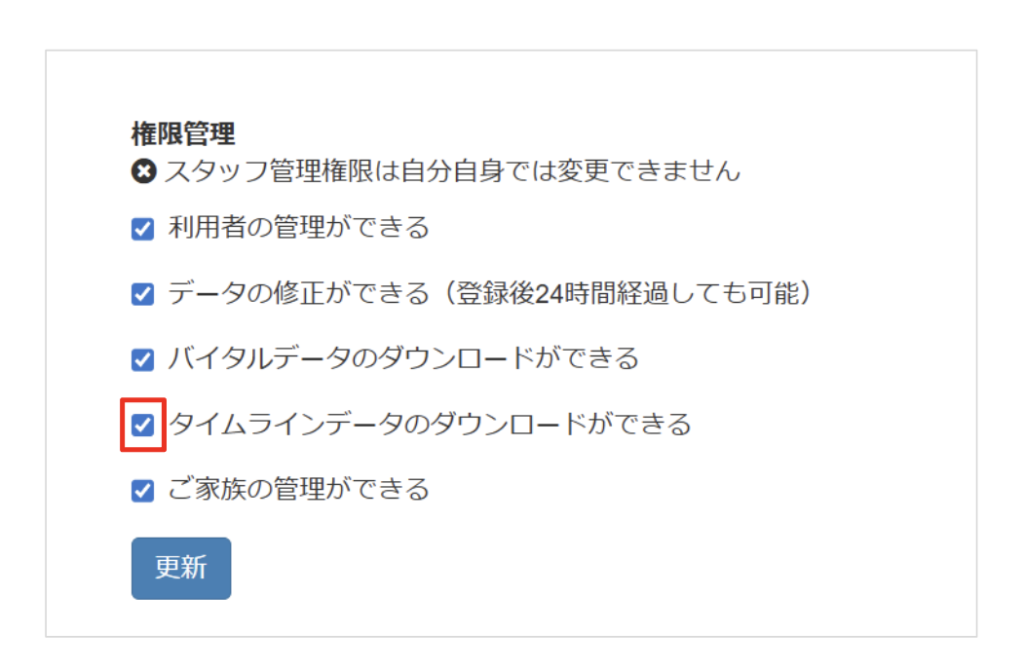 ケアコラボスタッフ管理画面にて権限付与する画像
