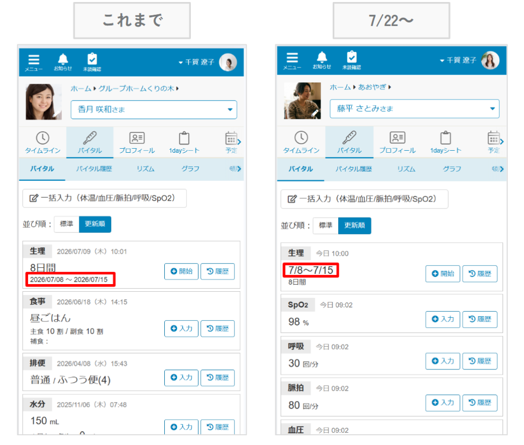 ケアコラボバイタルの生理の期間表示が年月日から月日表示に変わった画像