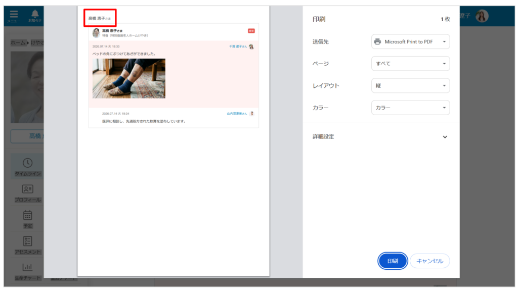 ケアコラボタイムラインを部分選択後印刷をする画像
